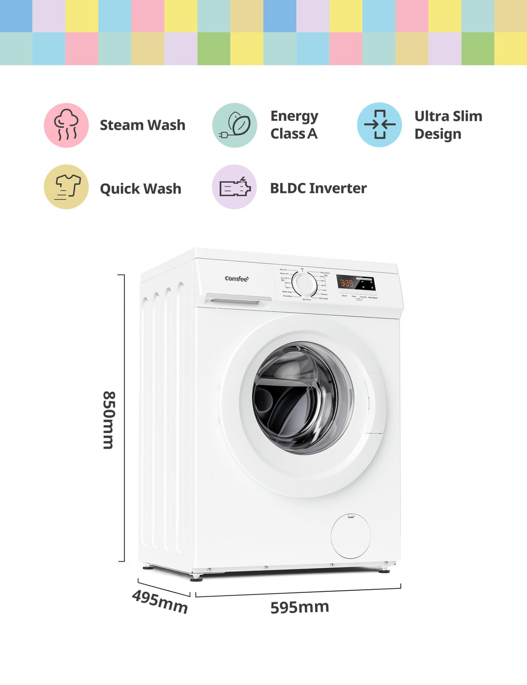 COMFEE' Freestanding Washing Machine,9KG Load,1400RPM,Steam Wash,Slim Design,Quick Wash