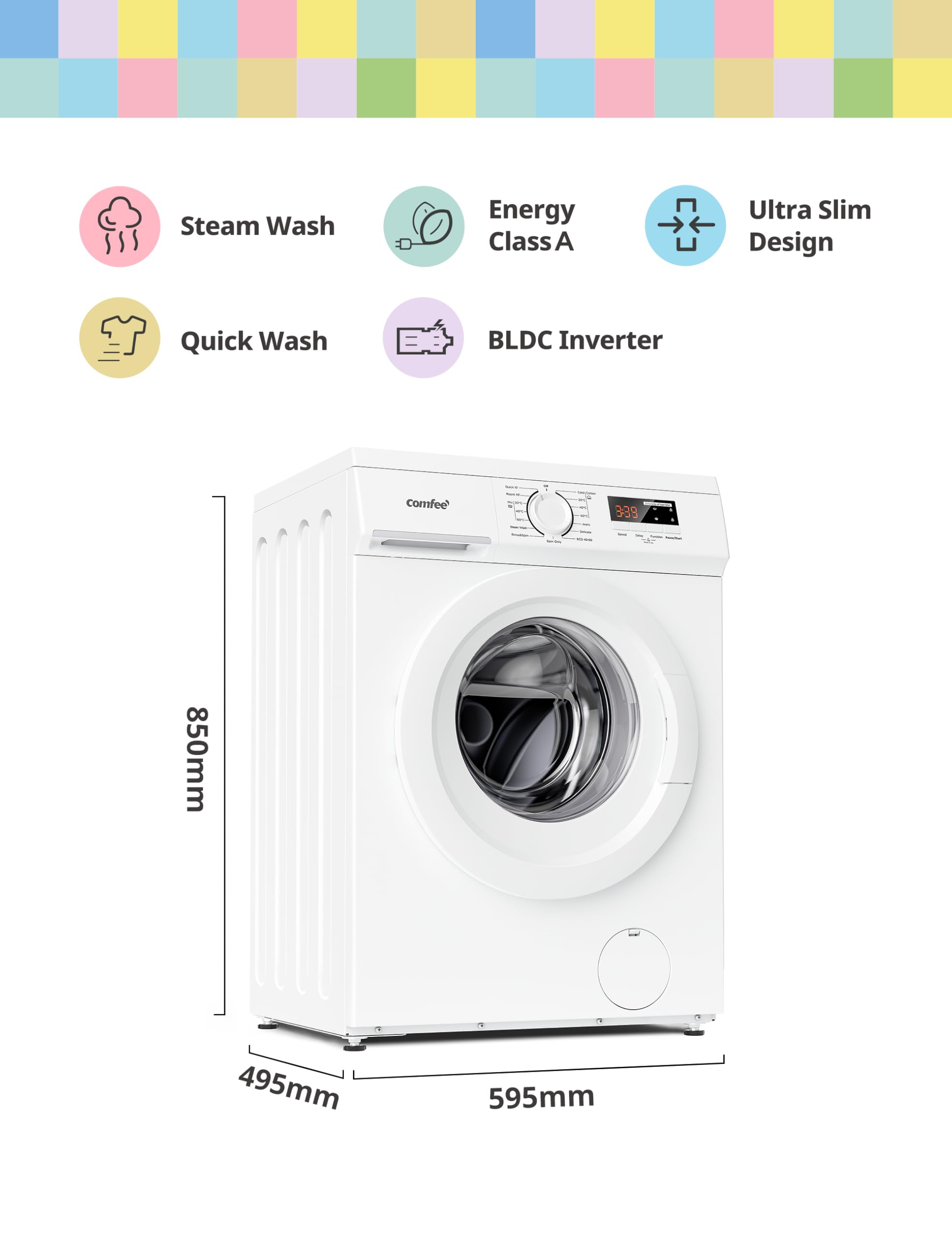 COMFEE' Freestanding Washing Machine,9KG Load,1400RPM,Steam Wash,Slim Design,Quick Wash