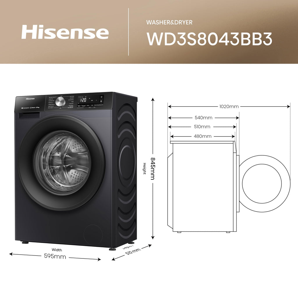 Hisense 3S Series WD3S8043BB3 Wifi Connected 8Kg and 5Kg Washer Dryer with 1400 rpm - Black - A-D Rated