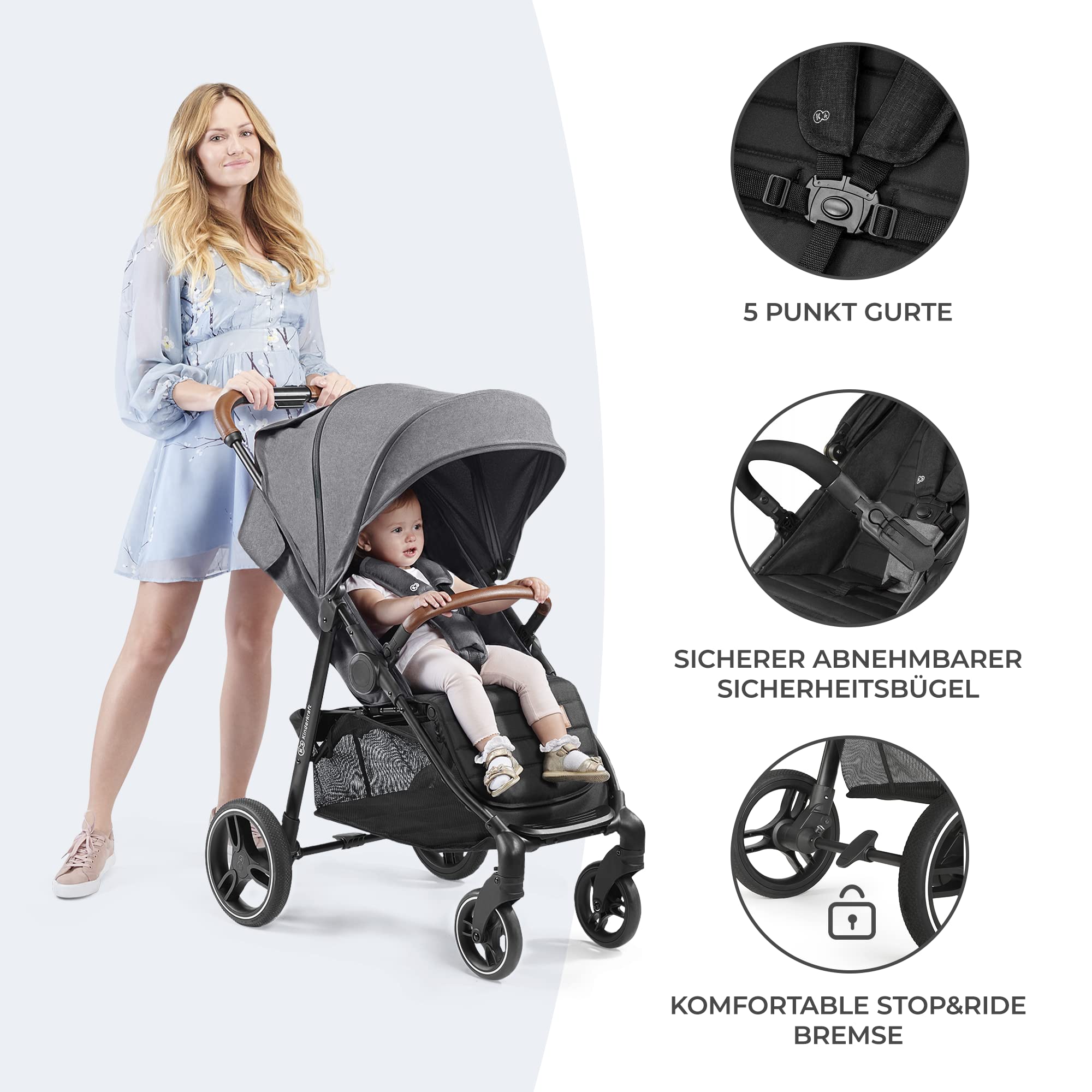 Kinderkraft GRANDE PLUS Kinderkraft buggy von Geburt bis 22 kg, Zusammenklappen mit einer Hand, Liegeposition, großes Verdeck mit Fenster, alle 4 Räder gedämpft, geräumige Sitz, Schwarz
