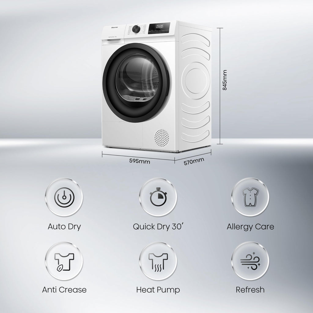 Hisense DH1Q802BW2 60cm Freestanding 8 KG Heatpump Front Load Tumble Dryer, 16 Programmes, Auto Dry