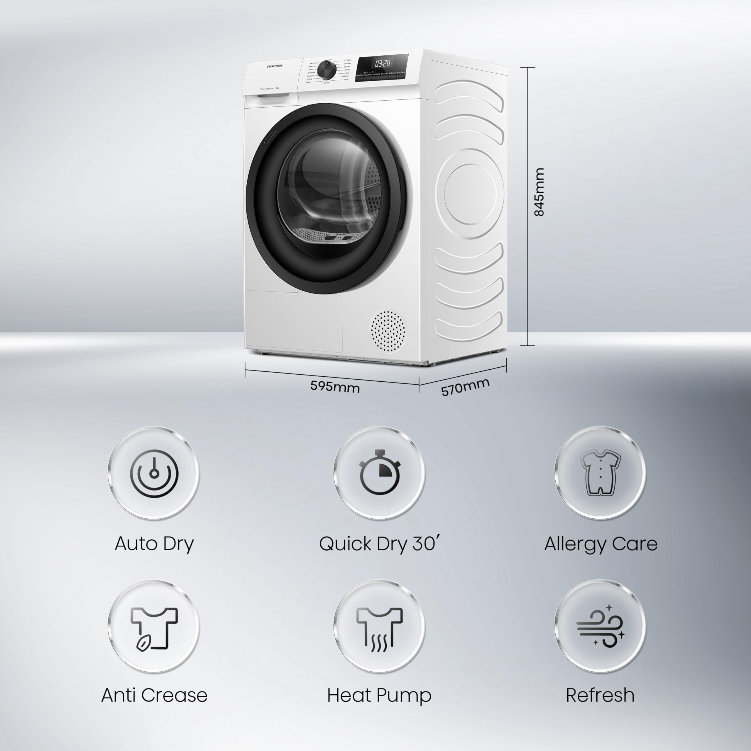 Hisense DH1Q802BW2 60cm Freestanding 8 KG Heatpump Front Load Tumble Dryer, 16 Programmes, Auto Dry