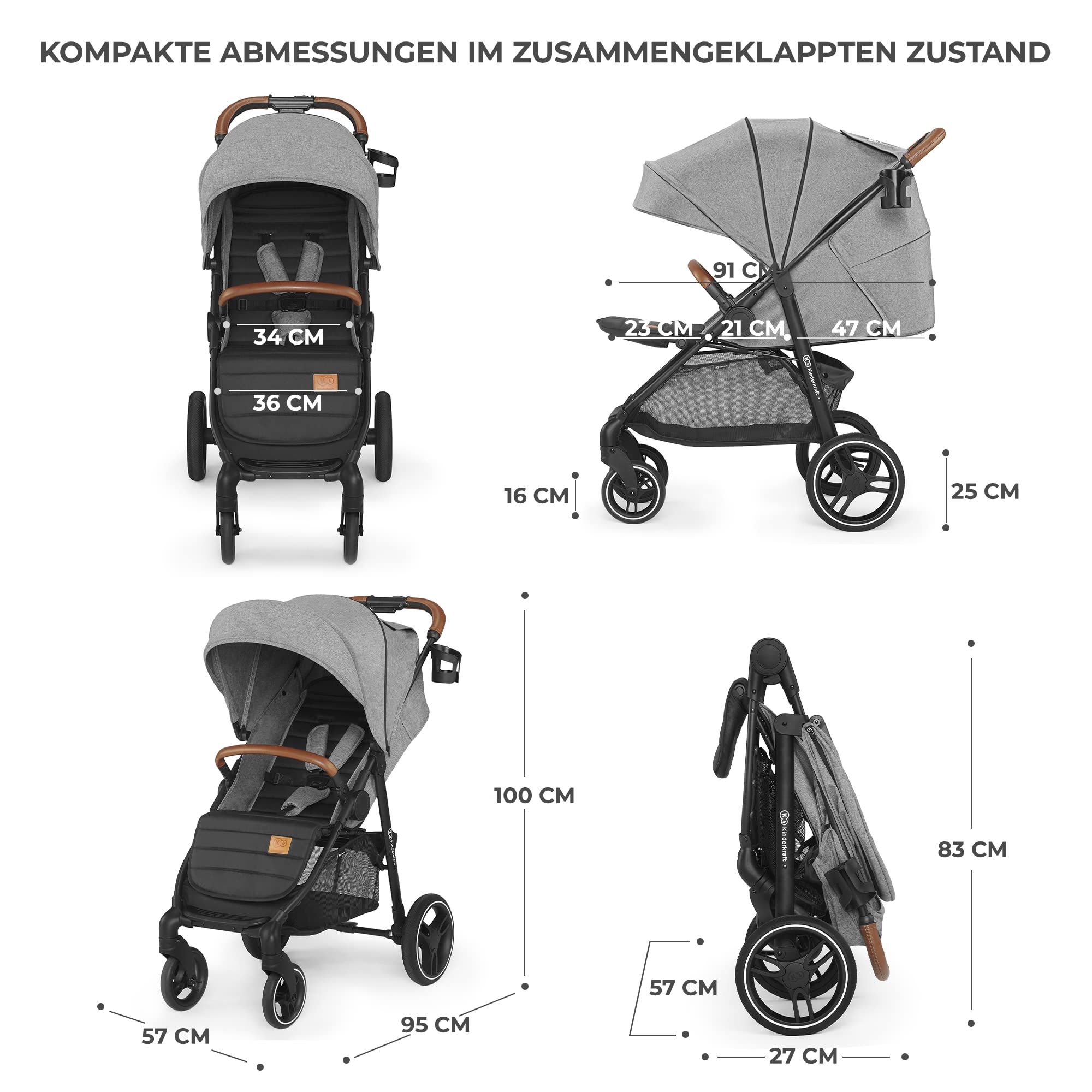 Kinderkraft GRANDE PLUS Kinderkraft buggy von Geburt bis 22 kg, Zusammenklappen mit einer Hand, Liegeposition, großes Verdeck mit Fenster, alle 4 Räder gedämpft, geräumige Sitz, Grau