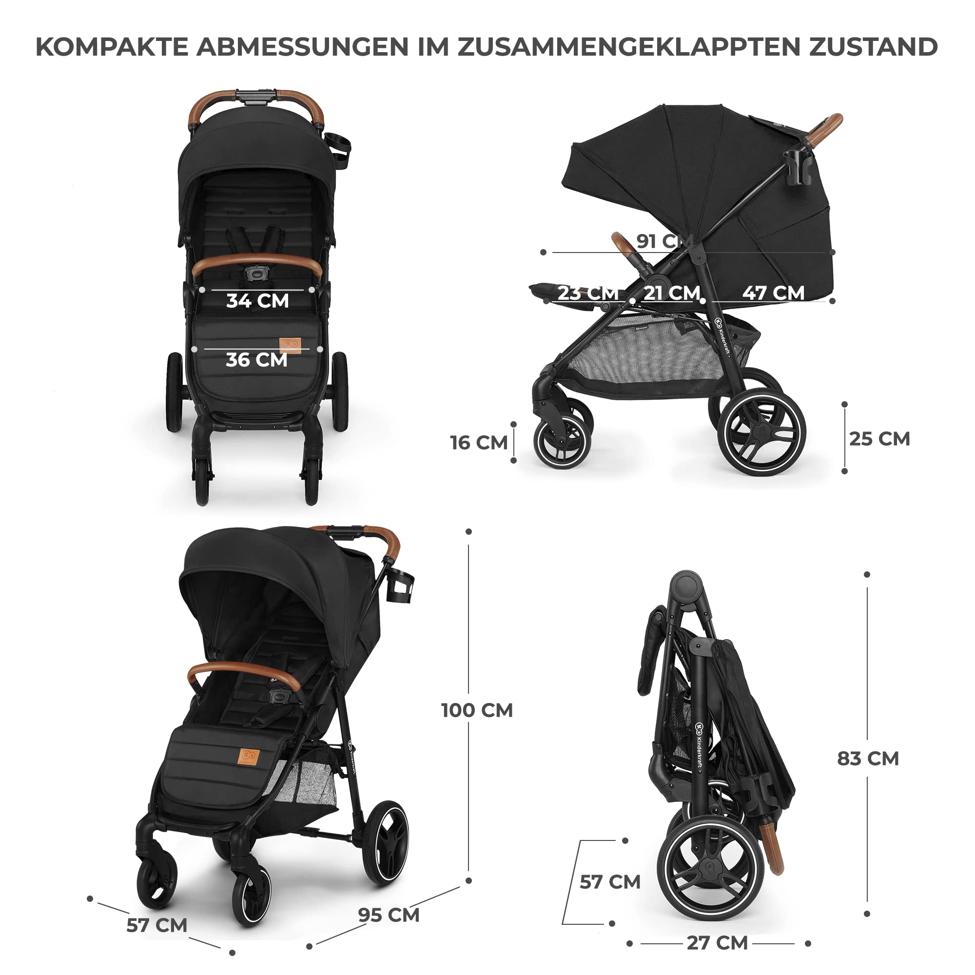Kinderkraft GRANDE PLUS Kinderkraft buggy von Geburt bis 22 kg, Zusammenklappen mit einer Hand, Liegeposition, großes Verdeck mit Fenster, alle 4 Räder gedämpft, geräumige Sitz, Schwarz