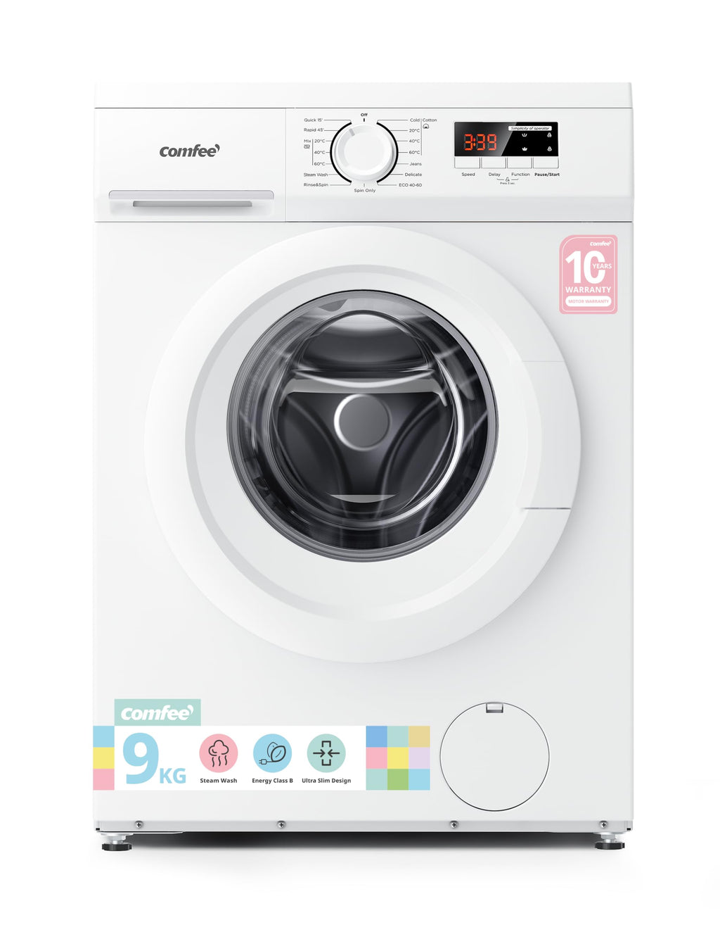 COMFEE' Freestanding Washing Machine,9KG Load,1400RPM,Steam Wash,Slim Design,Quick Wash