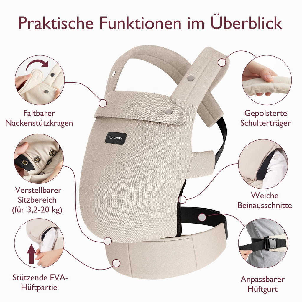 Momcozy Babytrage aus 100% Baumwolle – Baby Carrier für Kleinkind (3-24 Monate, 3,2-20 kg) · Ergonomische M-Position · X-Rücken · Taillengurt 64-127cm, Khaki