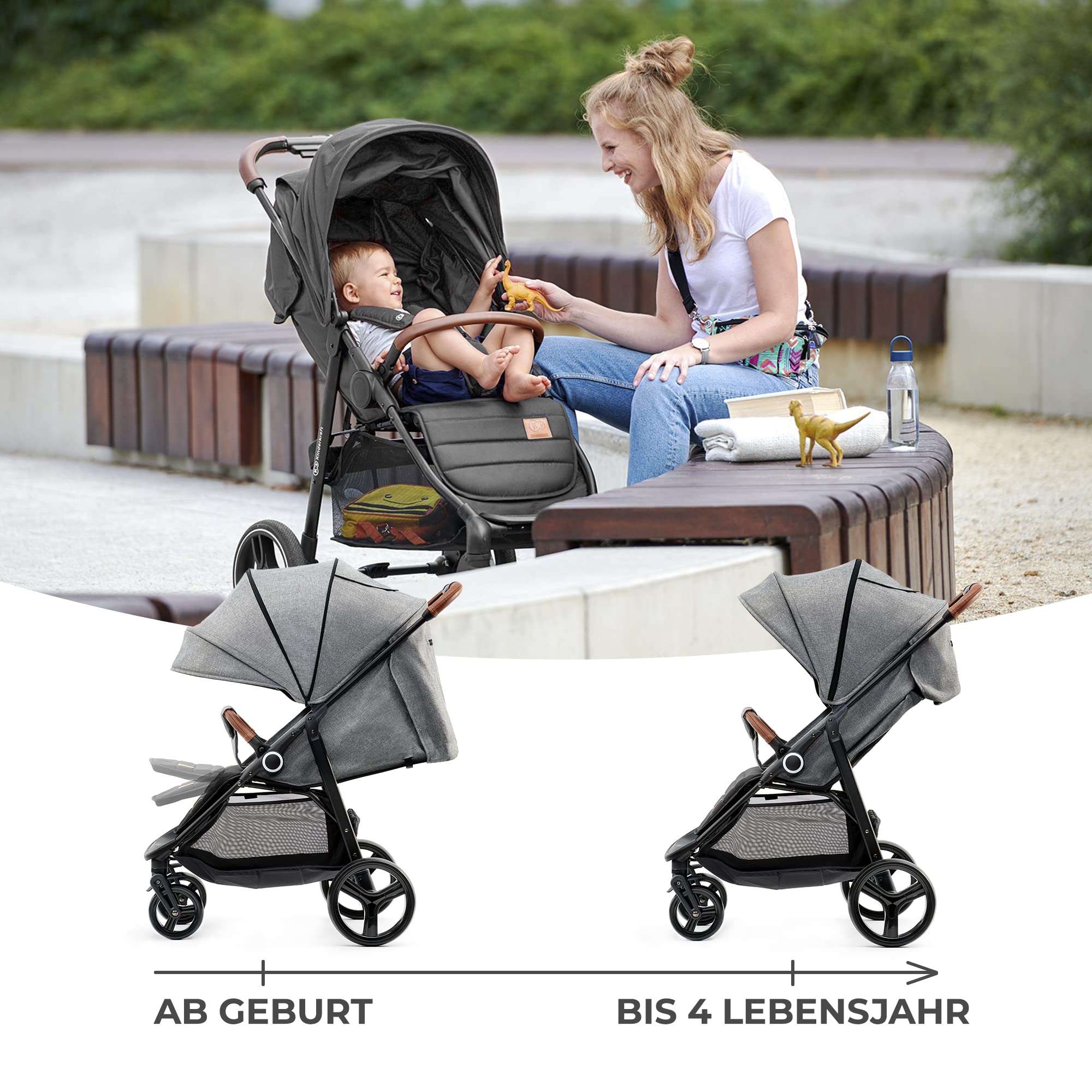 Kinderkraft GRANDE PLUS Kinderkraft buggy von Geburt bis 22 kg, Zusammenklappen mit einer Hand, Liegeposition, großes Verdeck mit Fenster, alle 4 Räder gedämpft, geräumige Sitz, Grau