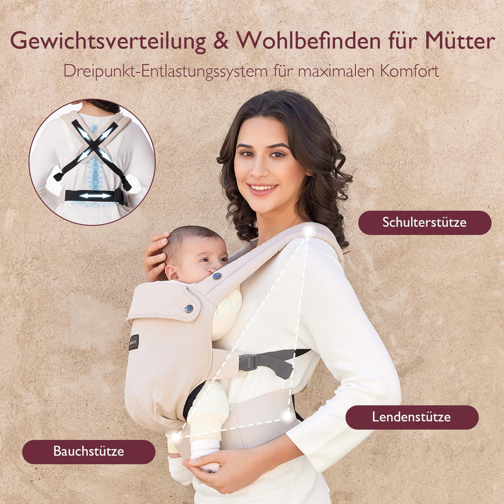 Momcozy Babytrage aus 100% Baumwolle – Baby Carrier für Kleinkind (3-24 Monate, 3,2-20 kg) · Ergonomische M-Position · X-Rücken · Taillengurt 64-127cm, Khaki