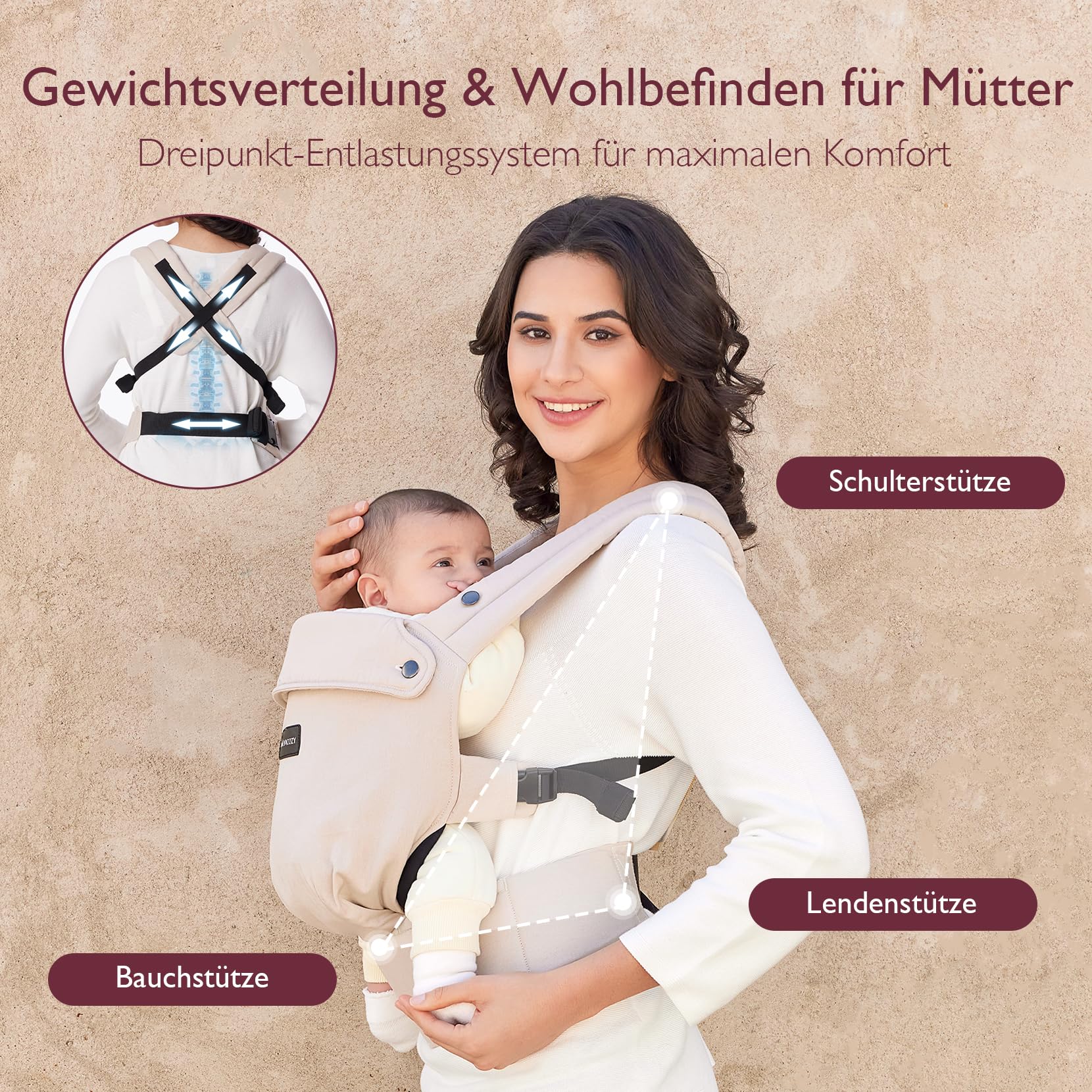 Momcozy Babytrage aus 100% Baumwolle – Baby Carrier für Kleinkind (3-24 Monate, 3,2-20 kg) · Ergonomische M-Position · X-Rücken · Taillengurt 64-127cm, Khaki