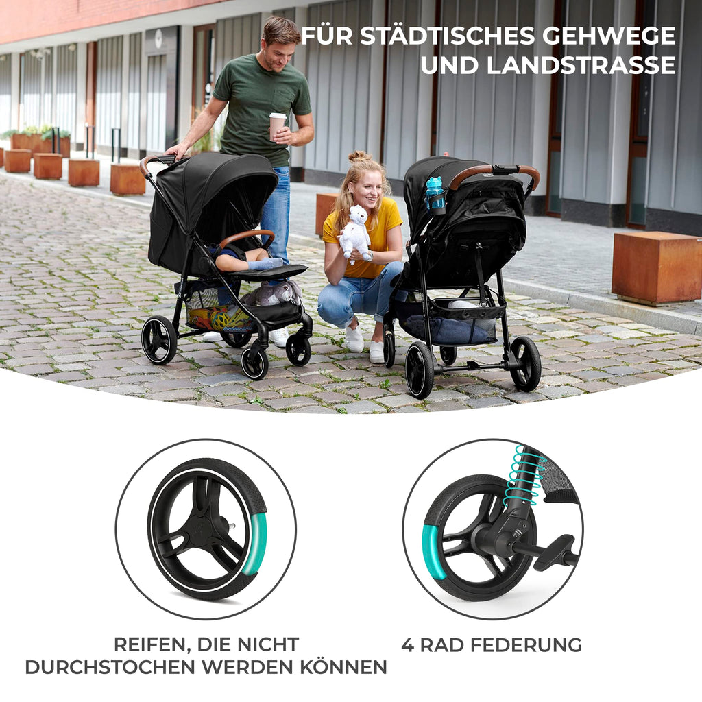Kinderkraft GRANDE PLUS Kinderkraft buggy von Geburt bis 22 kg, Zusammenklappen mit einer Hand, Liegeposition, großes Verdeck mit Fenster, alle 4 Räder gedämpft, geräumige Sitz, Schwarz