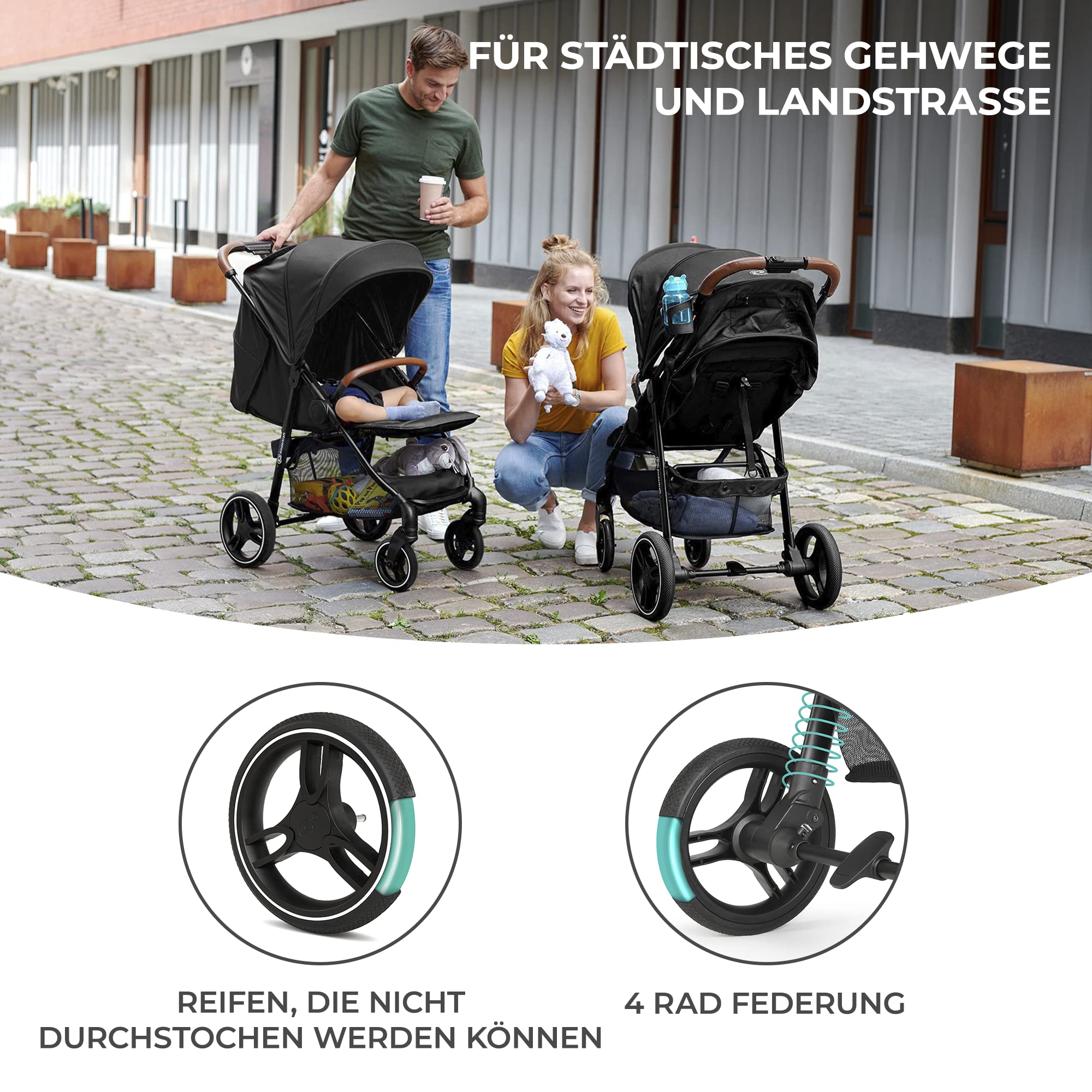 Kinderkraft GRANDE PLUS Kinderkraft buggy von Geburt bis 22 kg, Zusammenklappen mit einer Hand, Liegeposition, großes Verdeck mit Fenster, alle 4 Räder gedämpft, geräumige Sitz, Schwarz