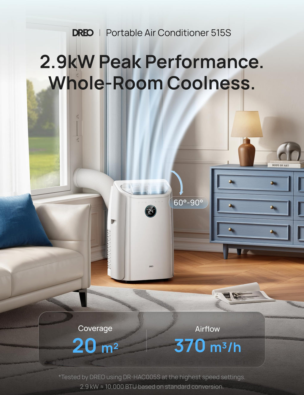 DREO 10000 BTU Portable Air Conditioner, 3-in-1 Cool/Fan/Dry Quiet AC Unit for Bedroom/Office, Smart App/Voice/Remote Control