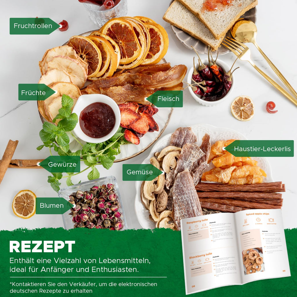 Kwasyo Dörrautomat Edelstahl DA 1000, XXL-Dörrfläche 1,8 m², Dörrgerät Temperatur einstellbar 30-90℃, LED-Display, 24 Std, BPA-frei, mit Rezeptheft, 10 Edelstahl-Dörrtabletts