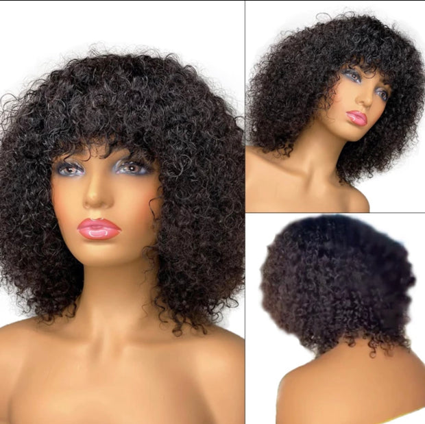 Jerry Curl Human Hair Wigs with Bangs