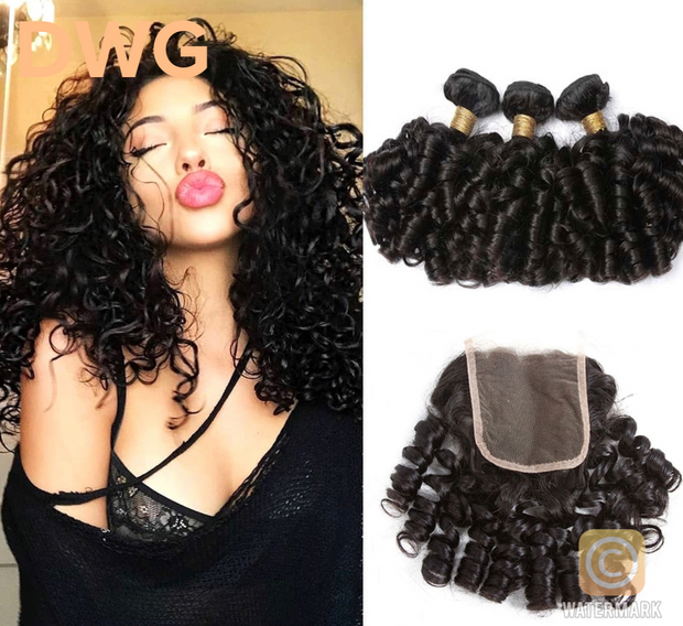 DWG  Brazilian Loose Bouncy Curly Natural Black Hair With Closure