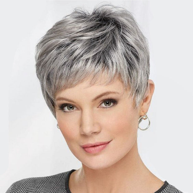 Synthetic Short Wig with Bangs Mixed Gray