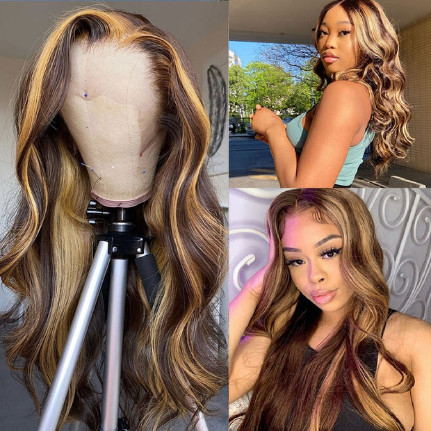 Honey Blonde Highlight Ombre Human Hair Lace Front Wig