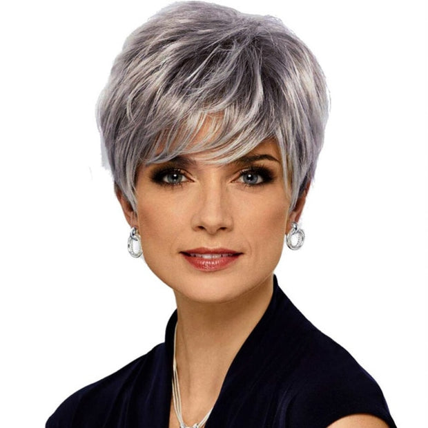 Synthetic Short Wig with Bangs Mixed Gray