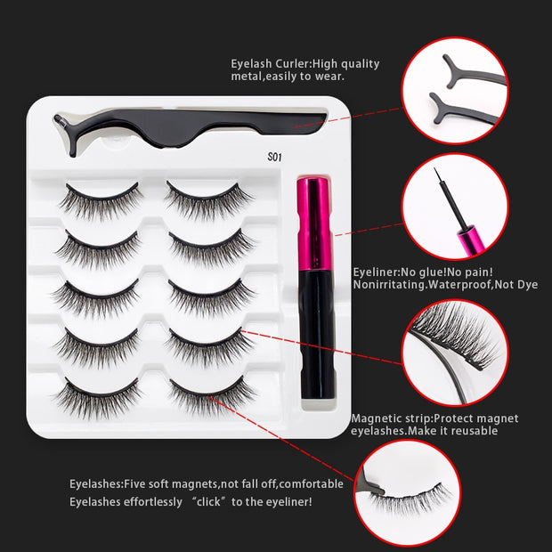 Magnetic Eyelashes, Waterproof Liquid Eyeliner With Tweezer Makeup Set