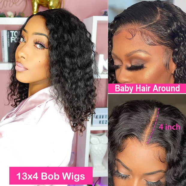 Water Wave Short Bob Curly Wig 13x4 Lace Frontal Wigs